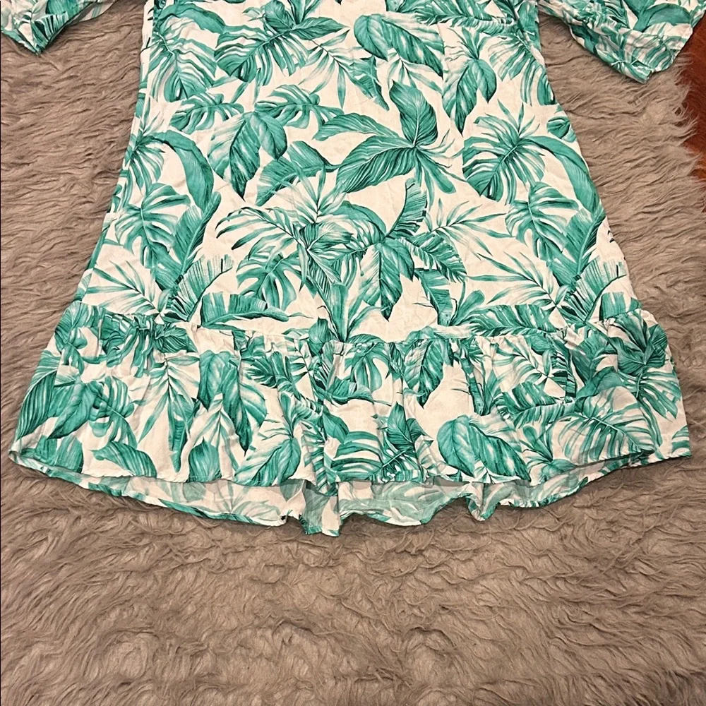 Caribbean Joe Tropical Green Leaf Print Off The Shoulder‎ Flowy Rayon Dress